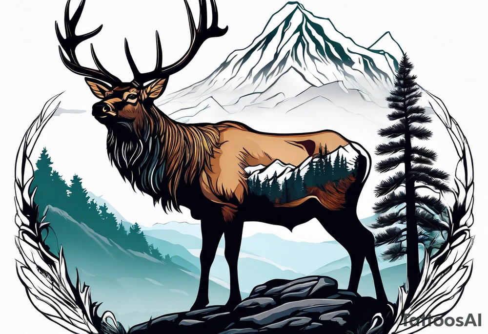 arm sleeve pine tree moutain elk tattoo idea
