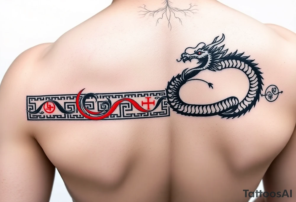Ultra-thin horizontal neo-tribal tattoo band (5cm height, 50cm length), black and red ink. Greek meander pattern with integrated Chinese phoenix (left, red) and dragon-ouroboros (right, black). Hidden Bagua trigrams in corners. Line art, NO background, designed to wrap around forearm seamlessly. Make the pattern repeatable tattoo idea