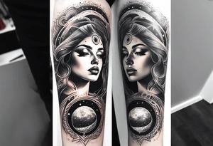 A surrealistic forarm sleeve tattoo featuring beautiful goddess’s face with glowing eyes creating the universe. Above her in the background is a black hole with a man being lifted into it tattoo idea