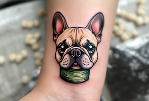 French Bulldog as a sushi roll, fun and whimsical, with beige fur and seaweed wrap drawn in black and green, cheeks tinted pink. tattoo idea