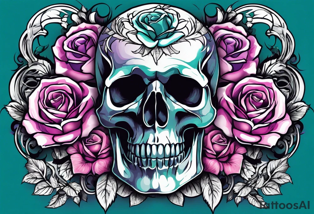 roses, skulls, teal, pink, purple tattoo idea