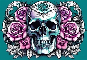 roses, skulls, teal, pink, purple tattoo idea