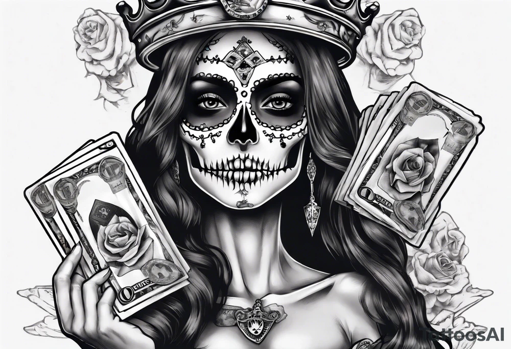 santa la muerta with money and crown
on card tattoo idea