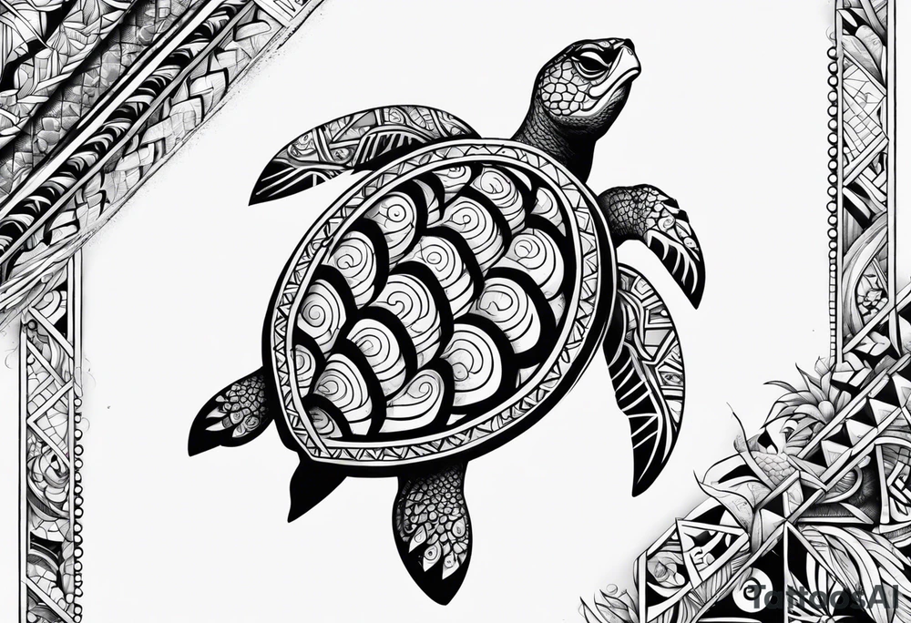 Full leg sleeve sea turtle and tribal and geometric tattoo idea