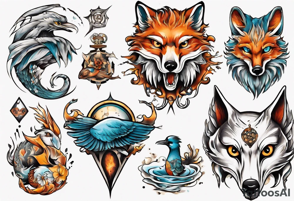fisch, fuchs und eule tattoo idea