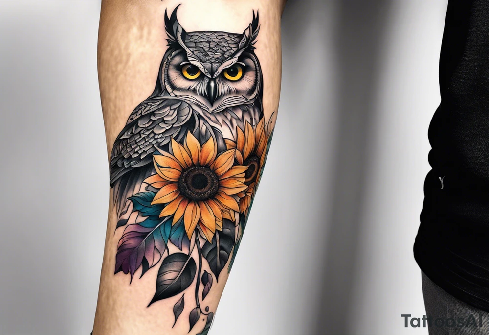 Leg sleeve with colorful sunflowers and an owl tattoo idea