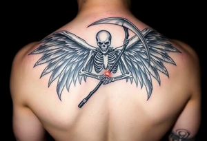 A skeletal angel holding a scythe, with dark smoky wings that seem to fade into shadows. The scythe glows with an ethereal silver light. tattoo idea