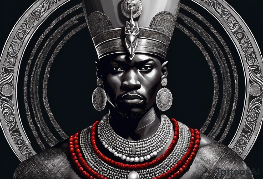 Black-skinned bald african warrior. He is a god of the war. Wears a simple red necklace and a silver crown tattoo idea