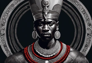 Black-skinned bald african warrior. He is a god of the war. Wears a simple red necklace and a silver crown tattoo idea