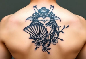 Samurai Asian leye lash face warrior
 with a fan across her face with cherry blossom tattoo idea