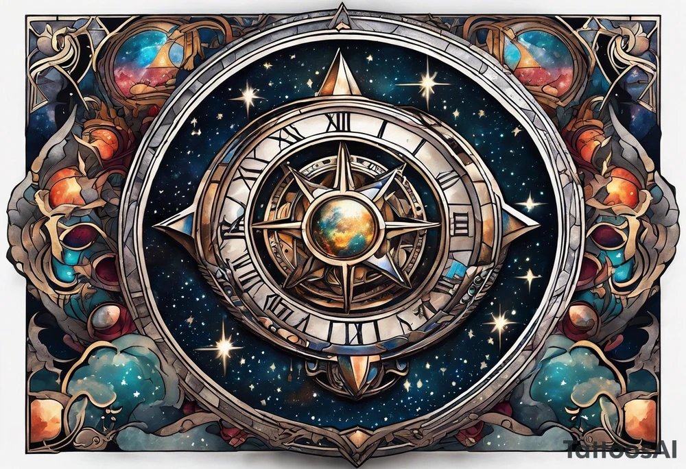 Matter, energy, space and time with an old stone theta symbol with stars in the background and Scorpio constellation tattoo idea