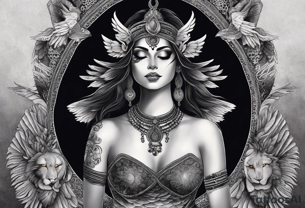 black kali, goddess pirate, alien, angel, pachamama, valkrye, warrior, flying, skull, lotus azul, wing, eagle, zenza resonance, stars, 5D, anahata chakra, death, durga, riding on a tiger, flying lady, kundalini, chest tatoo, samuri, rebel,serpent tattoo idea