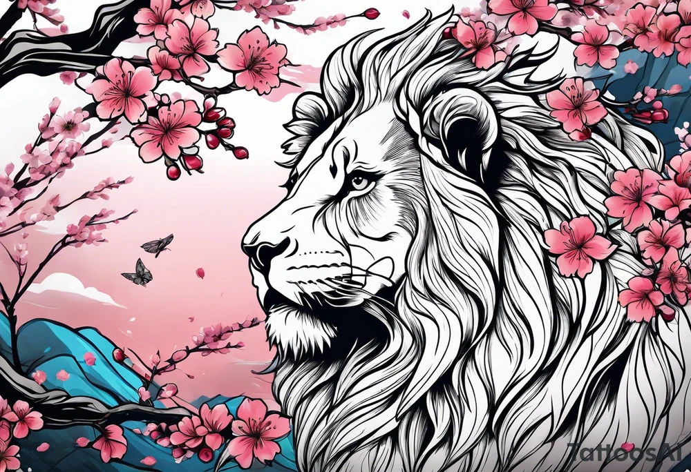 Cherry blossom blowing in the wind with a lion tattoo idea