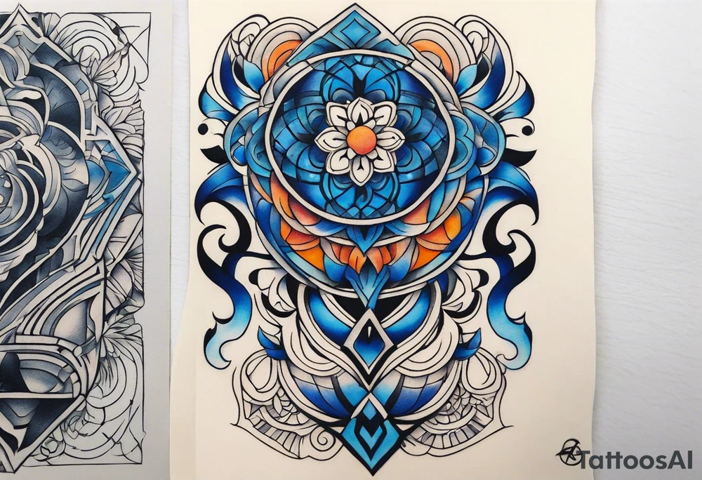 semi Detailed neo traditional knee tattoo flat on paper. The tattoo features geometric patterns and bold lines, creating a visually striking design with slight tints of deep fall colors. The a background featuring deep blues washes and water swirls tattoo idea