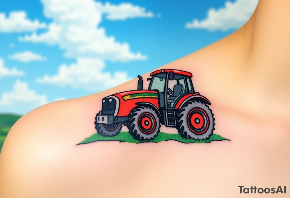 A tractor surrounded by rolling green hills, under a bright blue sky with white fluffy clouds tattoo idea