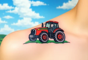 A tractor surrounded by rolling green hills, under a bright blue sky with white fluffy clouds tattoo idea