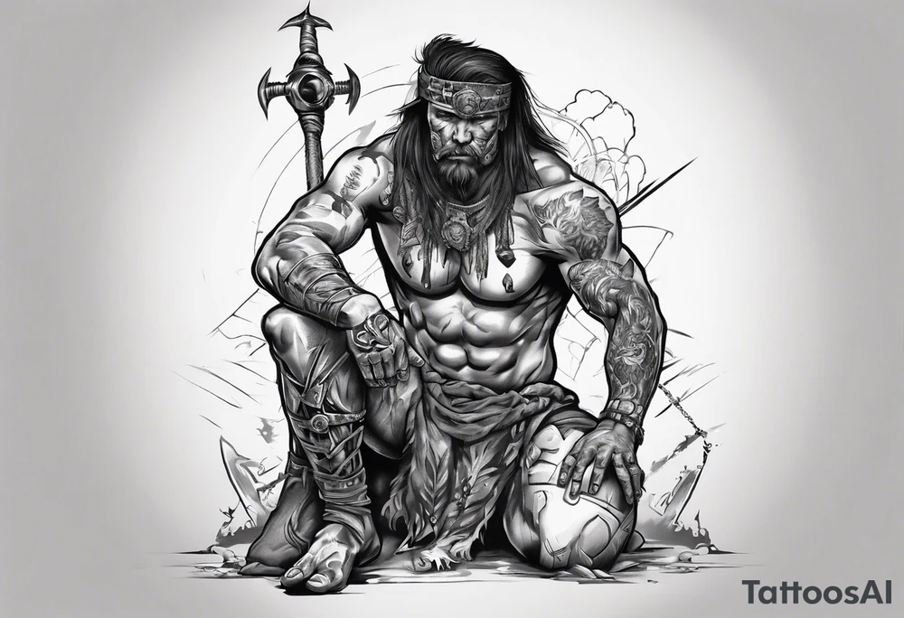 Savage warrior kneeling with the world on his shoulders tattoo idea Savage warrior kneeling with the world on his shoulders tattoo idea