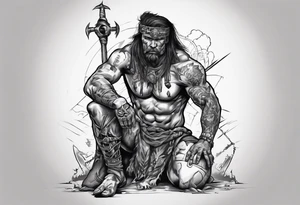 Savage warrior kneeling with the world on his shoulders tattoo idea
