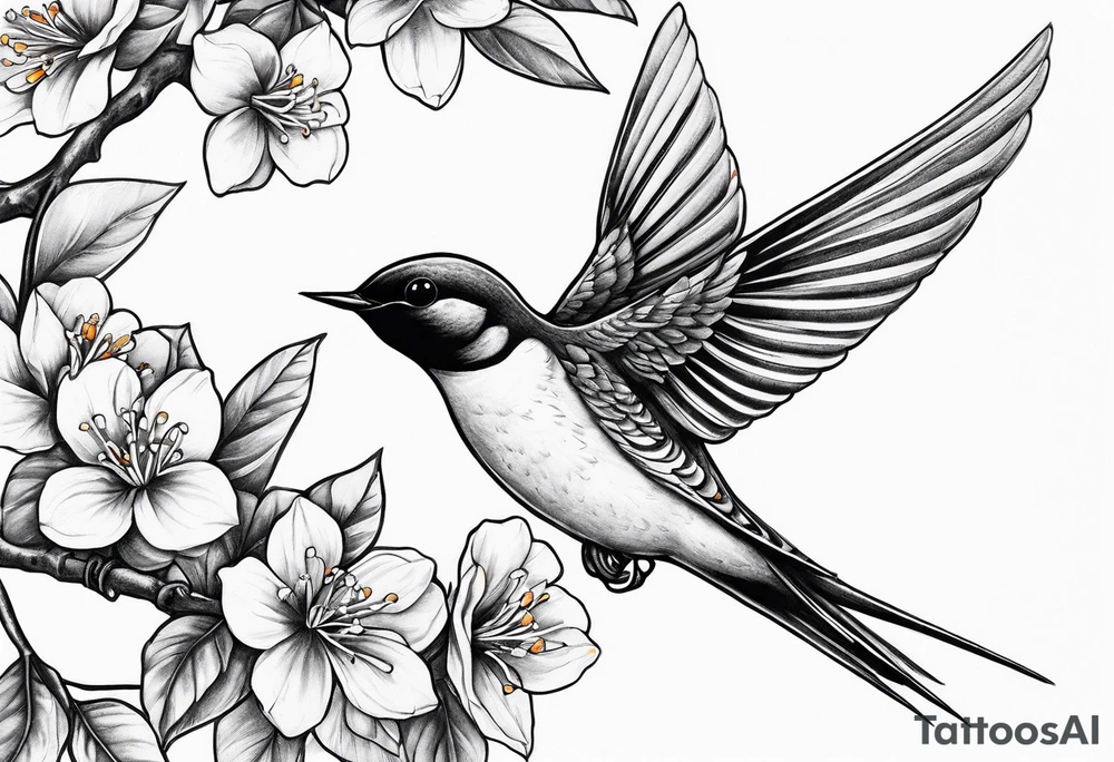 swallow flying off of branch with orange blossoms tattoo idea