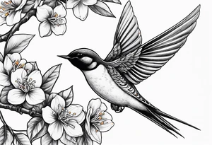 swallow flying off of branch with orange blossoms tattoo idea