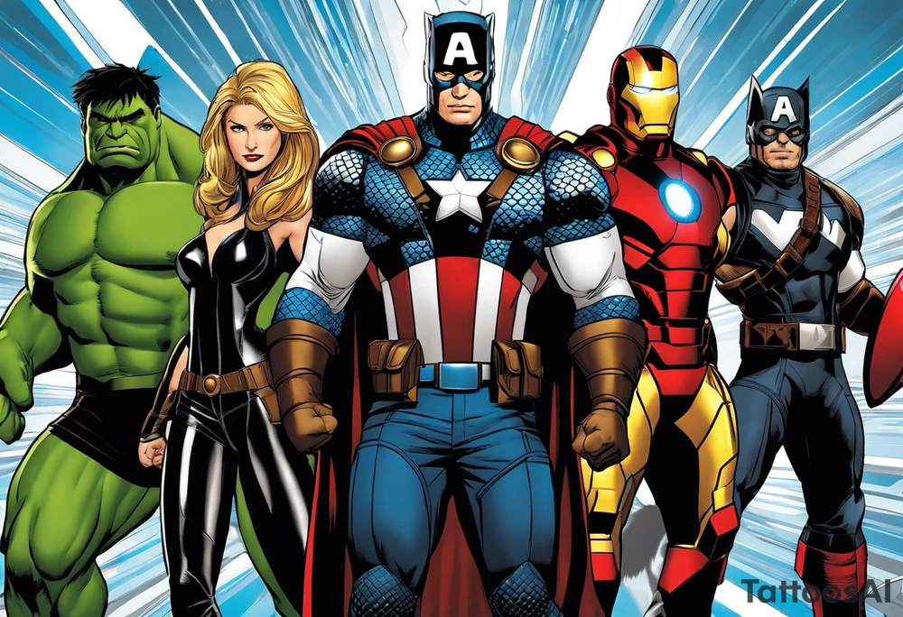 I want to change Avengers Team characters with animals. Hulk will be represented by a Badger.
Thor will be depicted as an Alpha Grey Wolf.
Captain America will be symbolized by a Bull.
Iron Man's character will be embodied by a Canary.
Black Widow's role will be portrayed by an Axolotl.
Hawkeye will be depicted as a Sudan Plated Lizard.
Nick Fury will be represented by a Cat. tattoo idea
