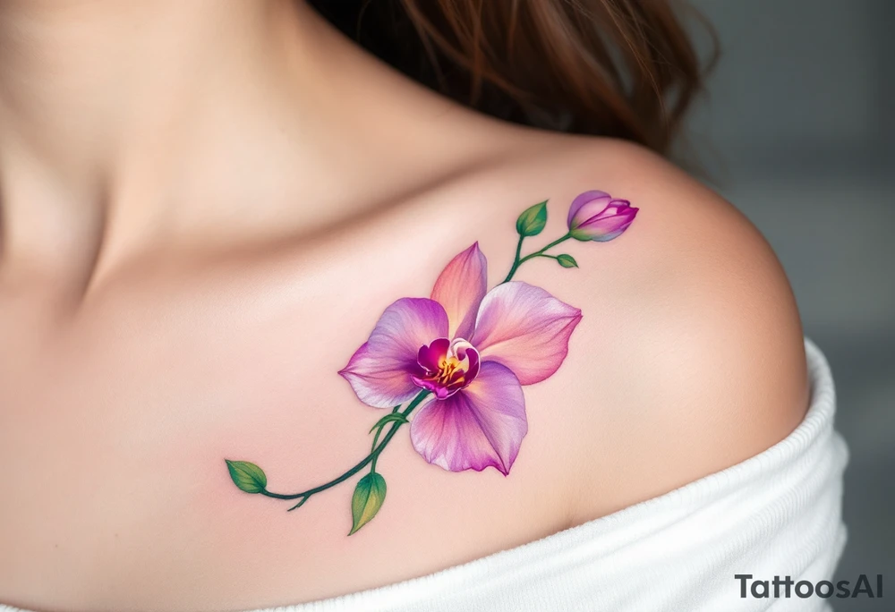 A delicate orchid tattoo featuring soft gradient petals in shades of violet, blush pink, and creamy white, with a vibrant magenta center and emerald green leaves, elegantly curved along the collarbone or spine for a graceful, feminine effect. tattoo idea