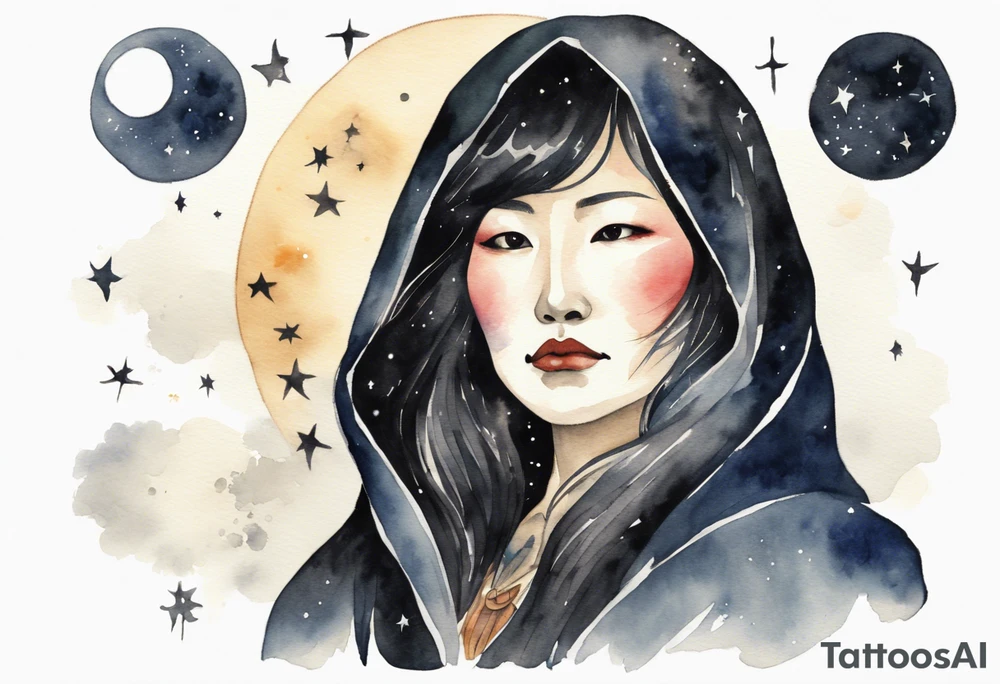 a watercolor of a beautiful 50-year-old Dakota woman wearing black cloak with the night sky in the background tattoo idea