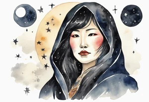 a watercolor of a beautiful 50-year-old Dakota woman wearing black cloak with the night sky in the background tattoo idea