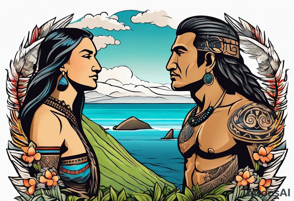 Upper arm piece of Easter island maoi on an island landscape and hawk circling above tattoo idea