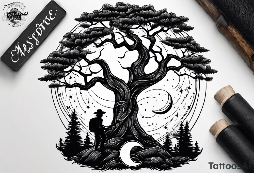 design moon tree campfire. playing the guitar music tattoo idea