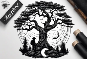 design moon tree campfire. playing the guitar music tattoo idea