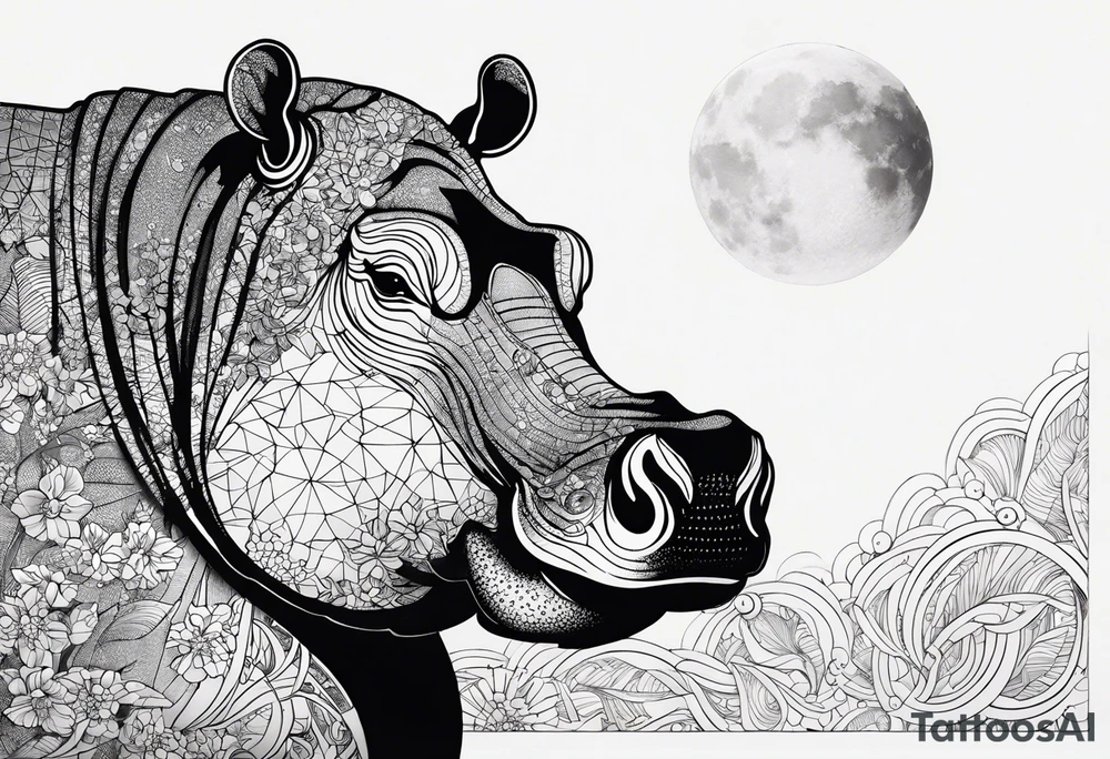 Asymmetrical, geometric, chinese ink art touch, hippo , full moon, wintersweet flower, light , modify from my favourite, ratio 9:16 tattoo idea