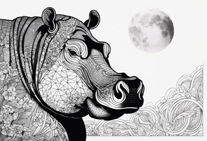 Asymmetrical, geometric, chinese ink art touch, hippo , full moon, wintersweet flower, light , modify from my favourite, ratio 9:16 tattoo idea