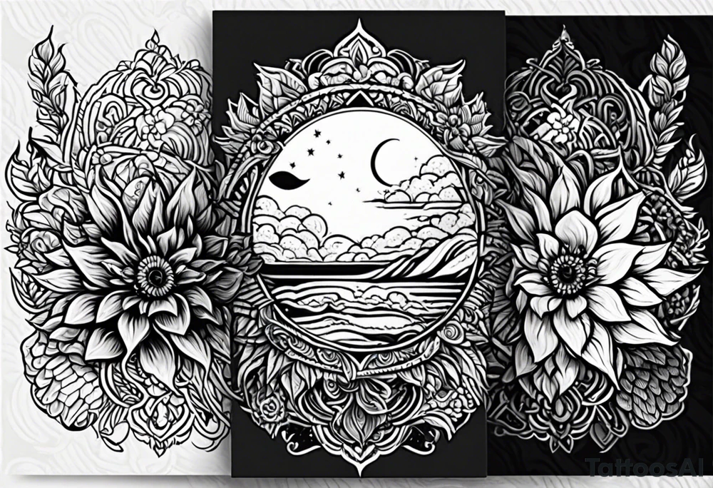 sun moon floral no shading or shadowing tattoo idea