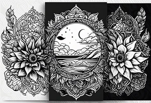 sun moon floral no shading or shadowing tattoo idea