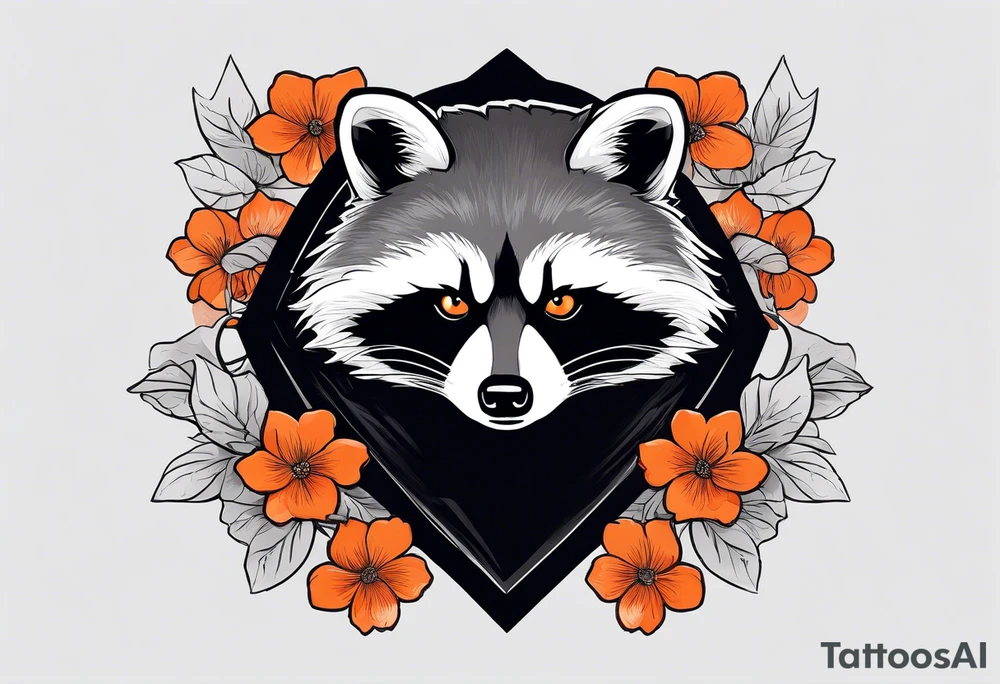 Raccoon wearing a white Superman logo on a black hoodie and orange Japanese cherry blossoms tattoo idea