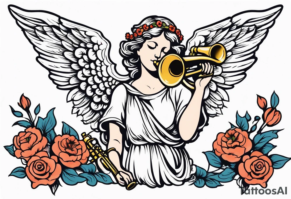 angel with trumpet
old school vintage simple traditional design with vintage flowers surrounding it tattoo idea