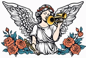 angel with trumpet
old school vintage simple traditional design with vintage flowers surrounding it tattoo idea