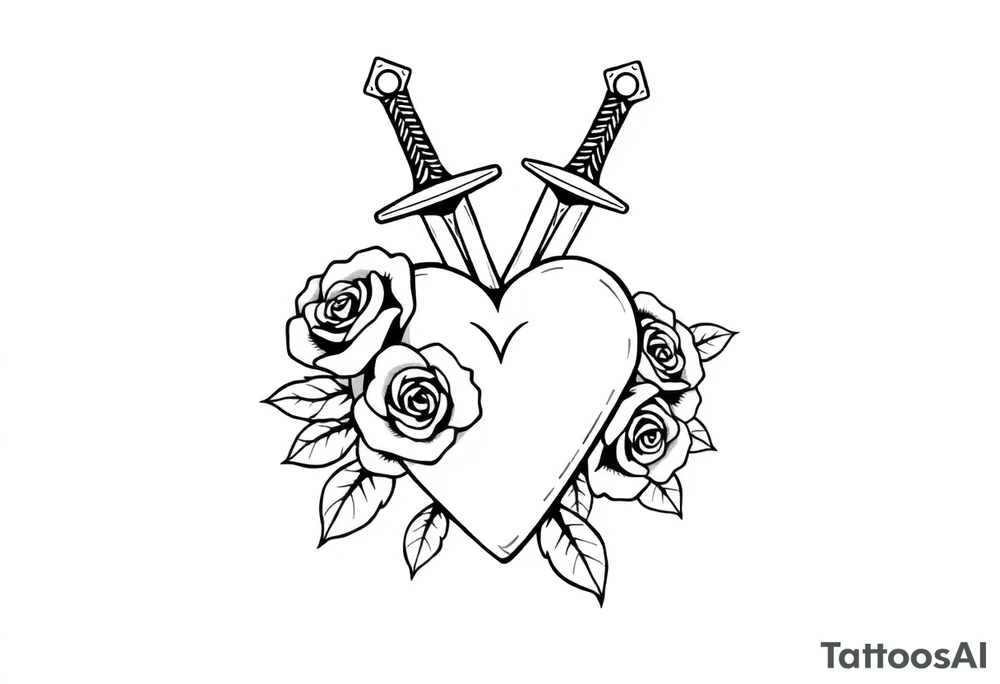 dagger piercing a heart with roses tattoo idea