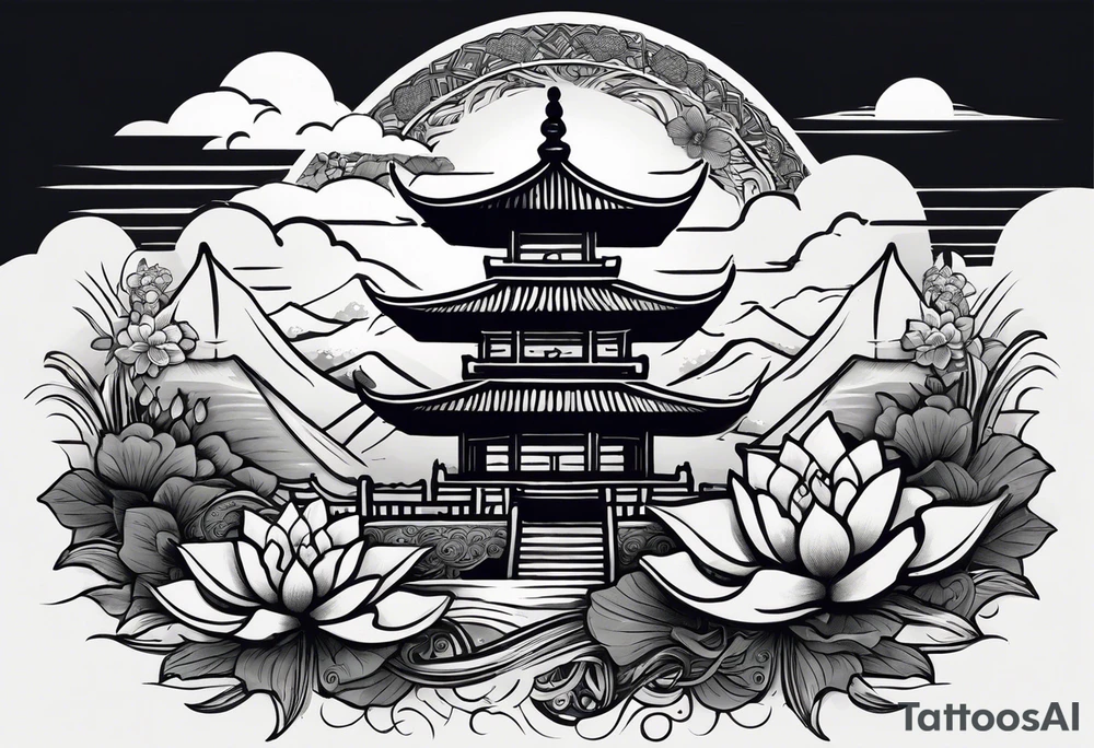 A black Vietnamese tattoo design featuring intricate depictions of sacred animals like the dragon and turtle intertwined with majestic mountains and lush rice fields. Incorporate iconic elements such as the conical straw hat floating above, surrounded by blooming lotus flowers and traditional silk lanterns. The tattoo reflects the essence of Vietnam's breathtaking nature, with swirling mist and flowing water elements woven into the composition, merging traditional artistry with a modern flair. Use a color palette that evokes the lush greens of the countryside and the warm tones of sunset. tattoo idea