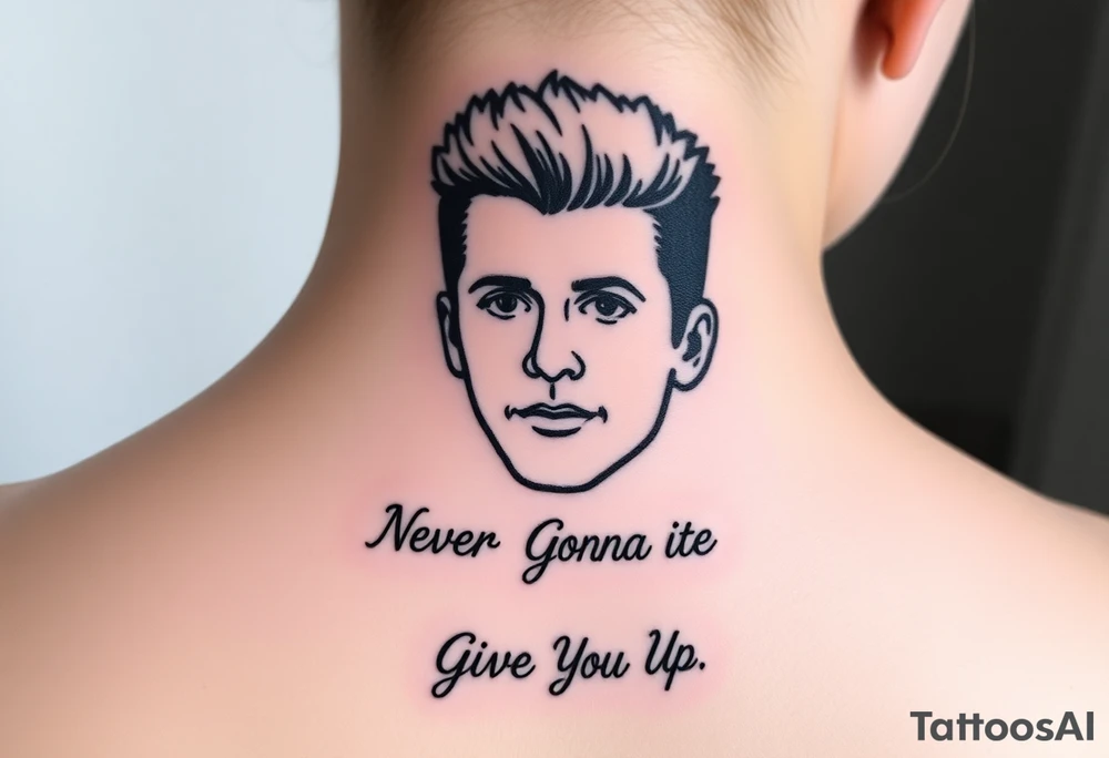 Rick Astley's Face outline with text Never Gonna Give You Up tattoo idea