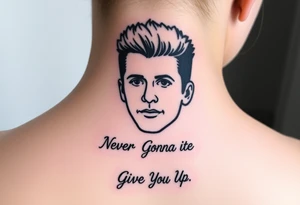 Rick Astley's Face outline with text Never Gonna Give You Up tattoo idea