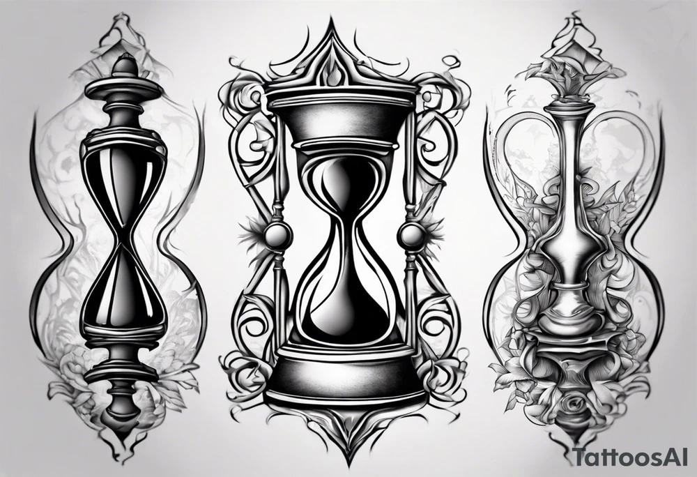 hourglass in the shape of a chess peace with filagree in the background tattoo idea
