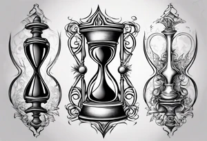 hourglass in the shape of a chess peace with filagree in the background tattoo idea
