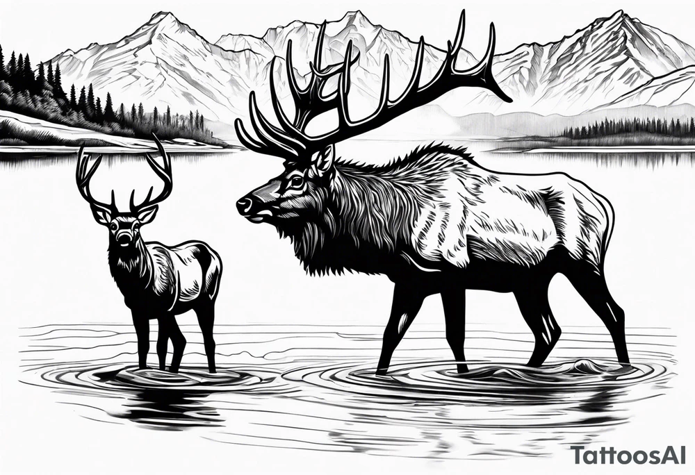 male and female elk near water with mountain landscape in the background tattoo idea