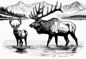 male and female elk near water with mountain landscape in the background tattoo idea