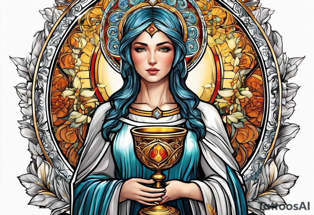 holy saint woman with halo holding a chalice tattoo idea
