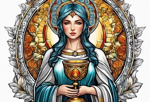 holy saint woman with halo holding a chalice tattoo idea