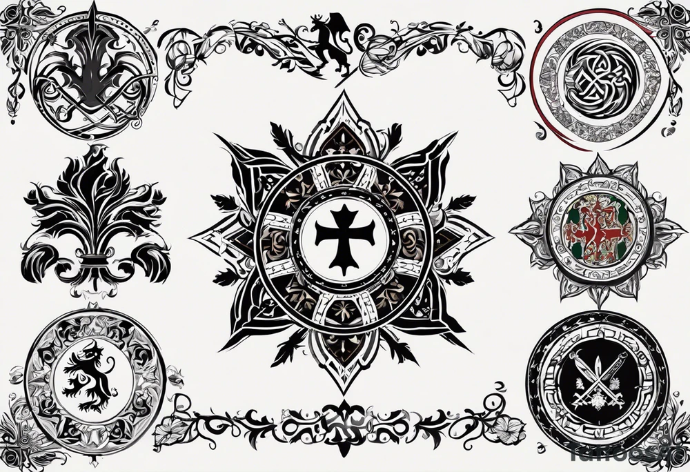 Merge the heraldic elements of england, northern ireland, ireland, scotland, wales, germany, croatia, serbia, slovakia, slovenia, and czech republic intertwined in a harmonious and elegant manner. The design should be symmetrical and suitable for a shoulder placement. tattoo idea