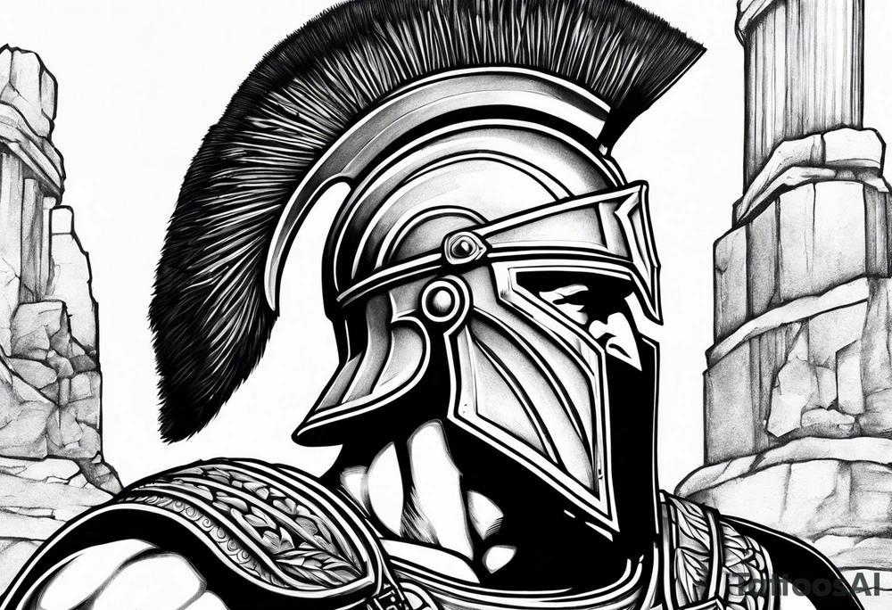 close of of spartan solider looking at distant pillars tattoo idea